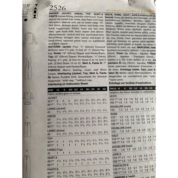 Vogue Misses Dress Jacket Top Skirt Pants Sewing Pattern 2526 Sz 18 - 22 - Uncut - Picture 6 of 9